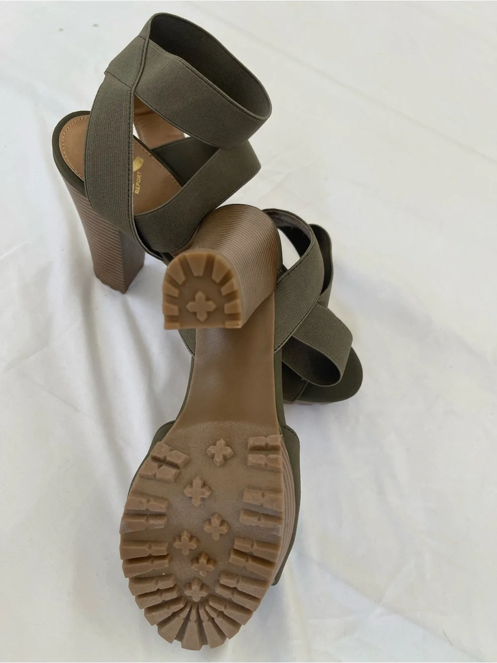Report Olive Green Elastic Wrap Block Heel -Sz-9 - Sandals